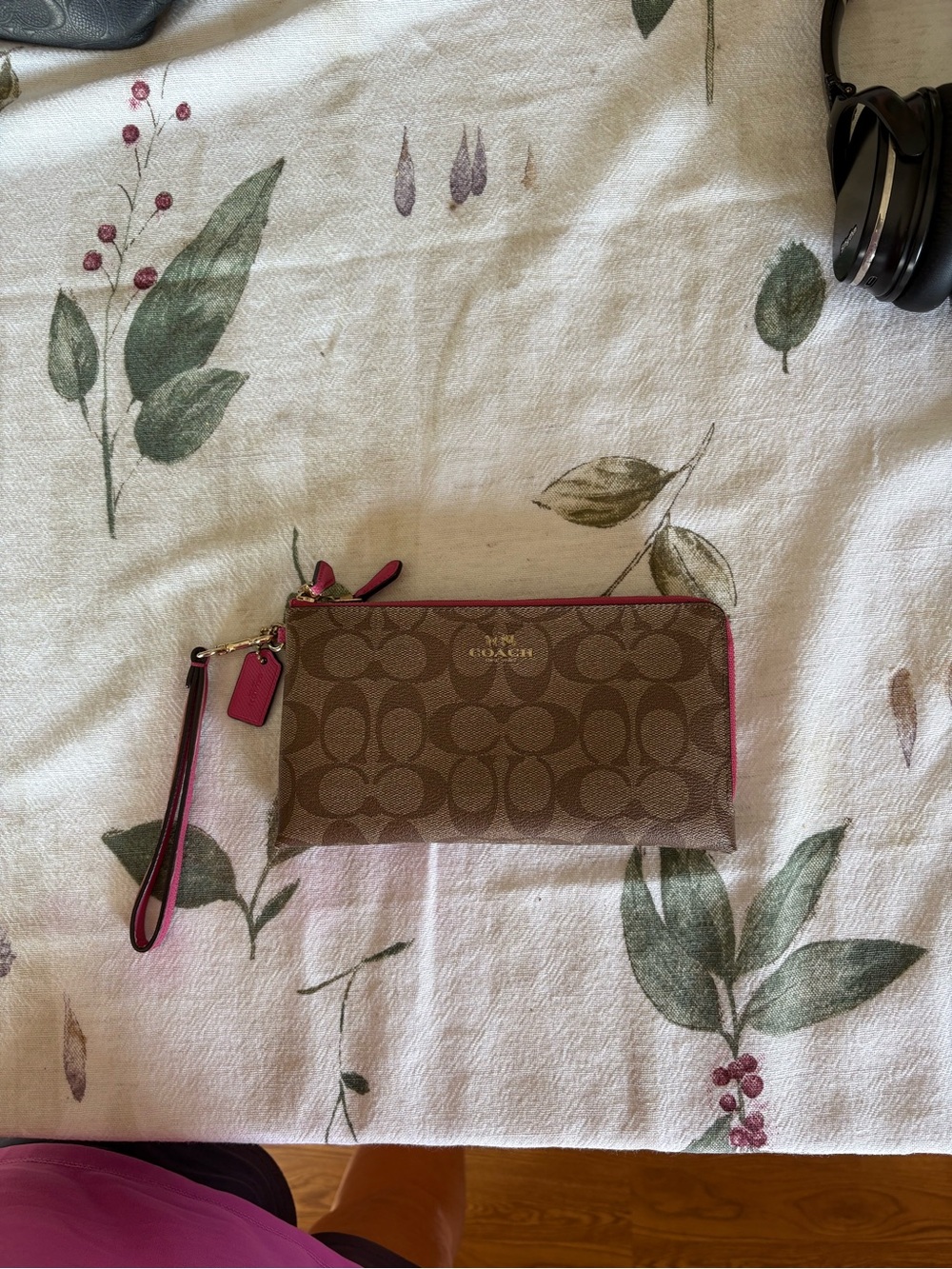 Coach Brown Signature Canvas Wristlet with Pink Trim